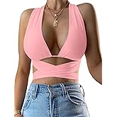 Kaximil Women's Sexy Sleeveless Halter Criss Cross Cami Lace Up Self Tie Tank Crop Tops