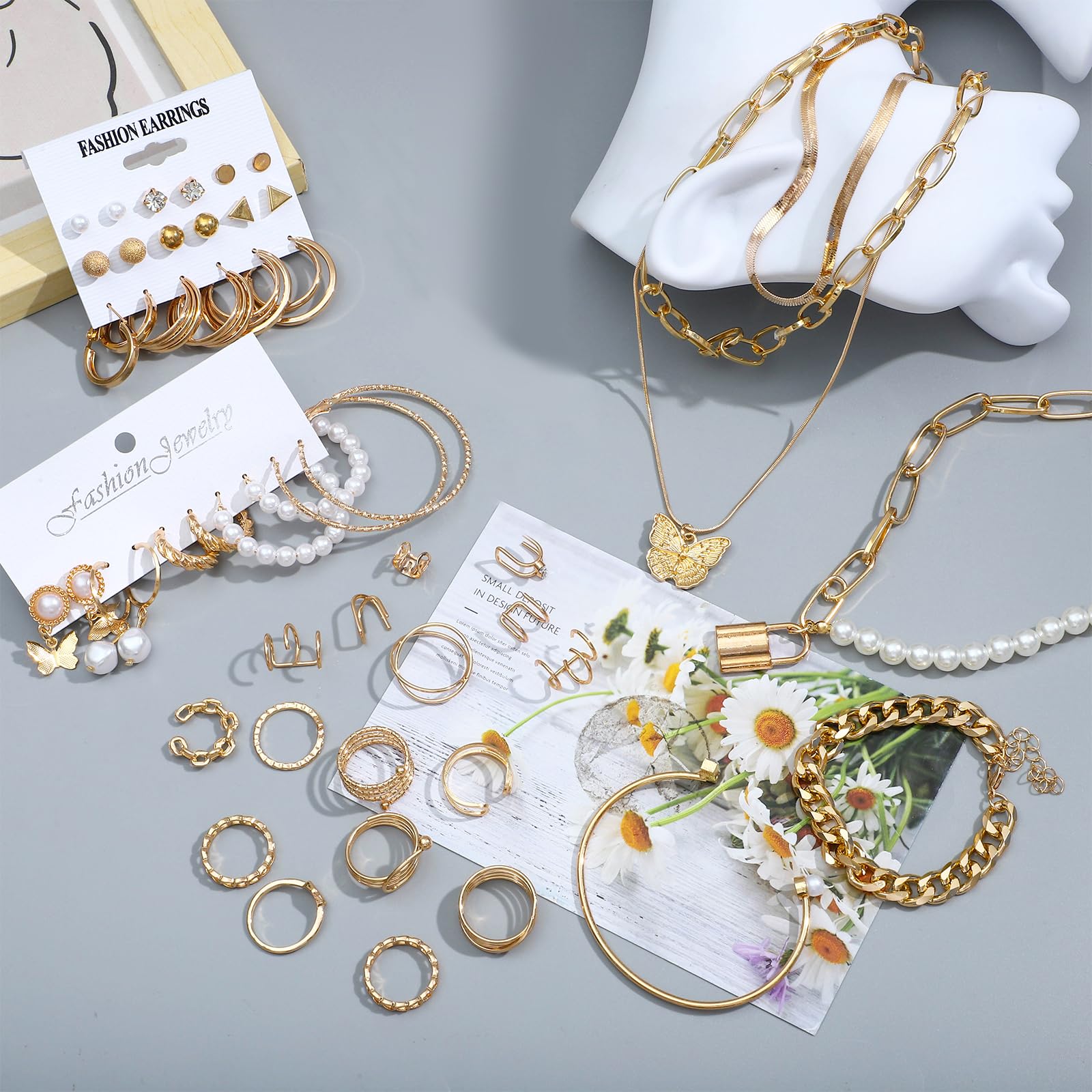 NEWITIN 93 Pieces Gold Jewelry Set for Women Fashion Costume Jewelry Gold Plated Ear Cuffs Necklaces Bracelets Rings Earrings Set for Women