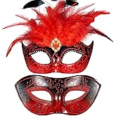 MYSEUNI Masquerade Mask for Couple with Feathers - Womens Feather Carniva Masks & Men Venetian Mask for Halloween, Christmas