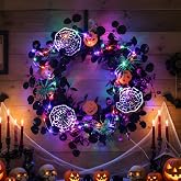 16-Inch Lighted Halloween Wreath, 40 LEDs, 6-Hour Timer, Eucalyptus Leaves | Front Door Wall Table Decor; Pumpkins Bats Spiders Cobwebs & Purple Berries; Uses 3 AA Batteries; Shape After Unpacking