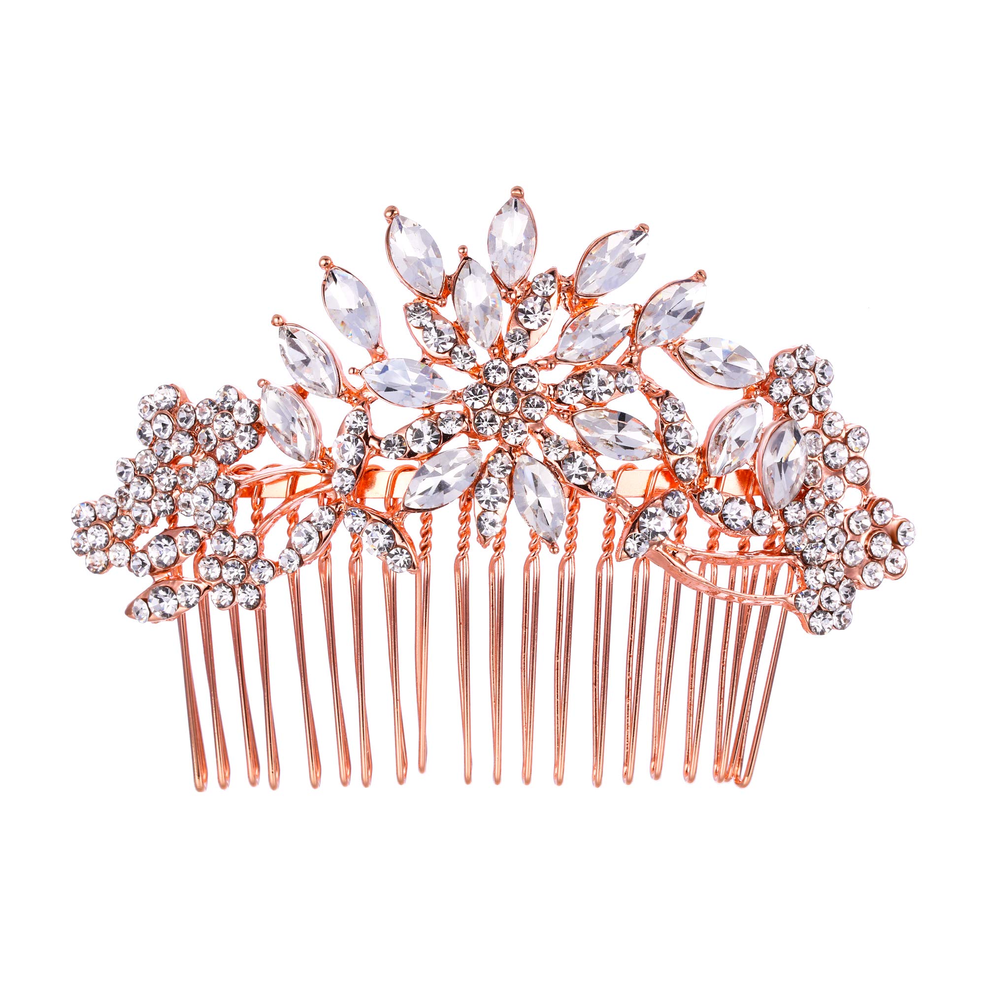 EVER FAITH Women's Austrian Crystal Bridal Flower Leaf Vine Hair Comb Clear Rose Gold-Tone