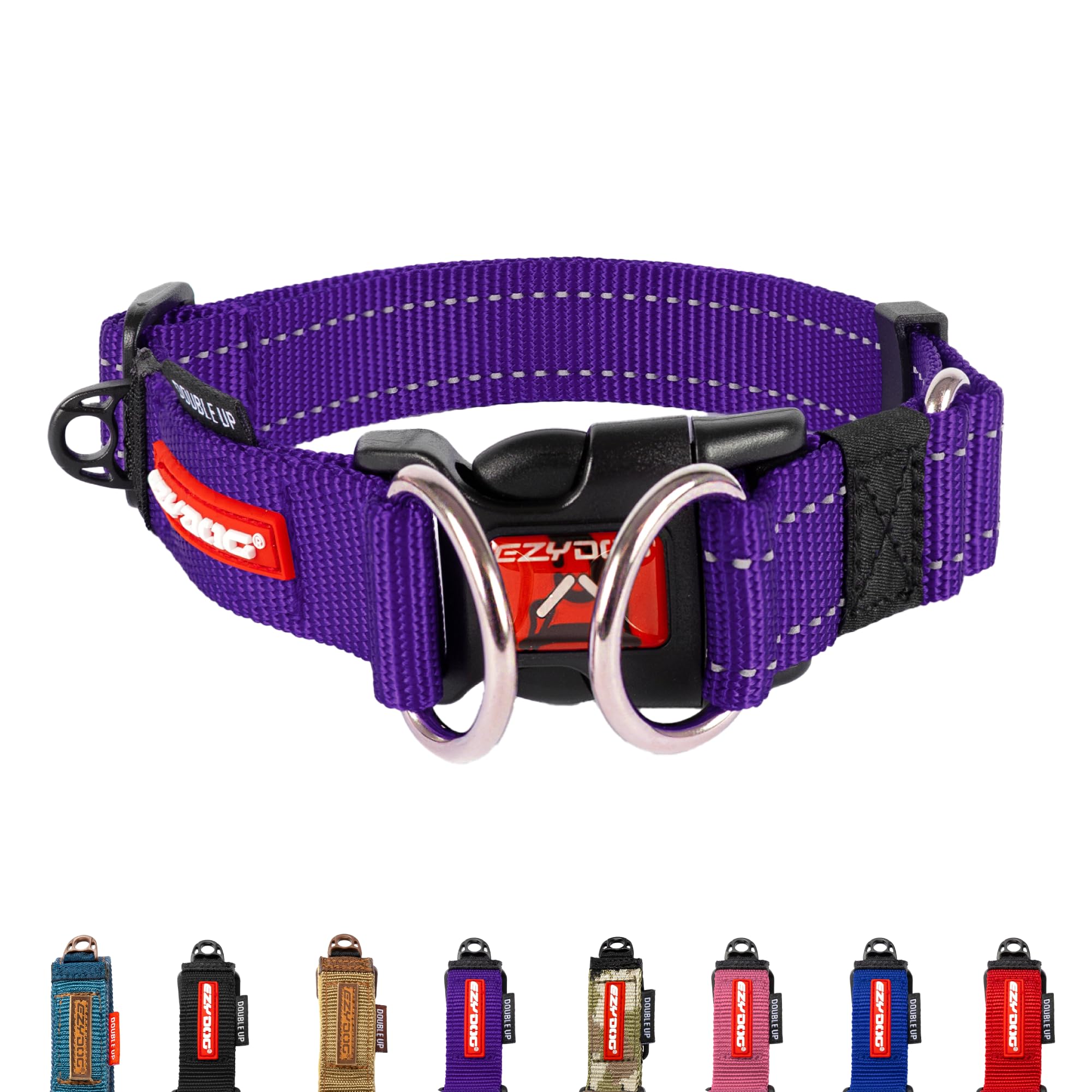 EzyDog Double Up Dog Collar - Reflective Large Dog Collar with ID Tag D-Ring, For Small, Medium & Large Dogs - Supreme Comfort with Soft & Strong Nylon Webbing - Purple