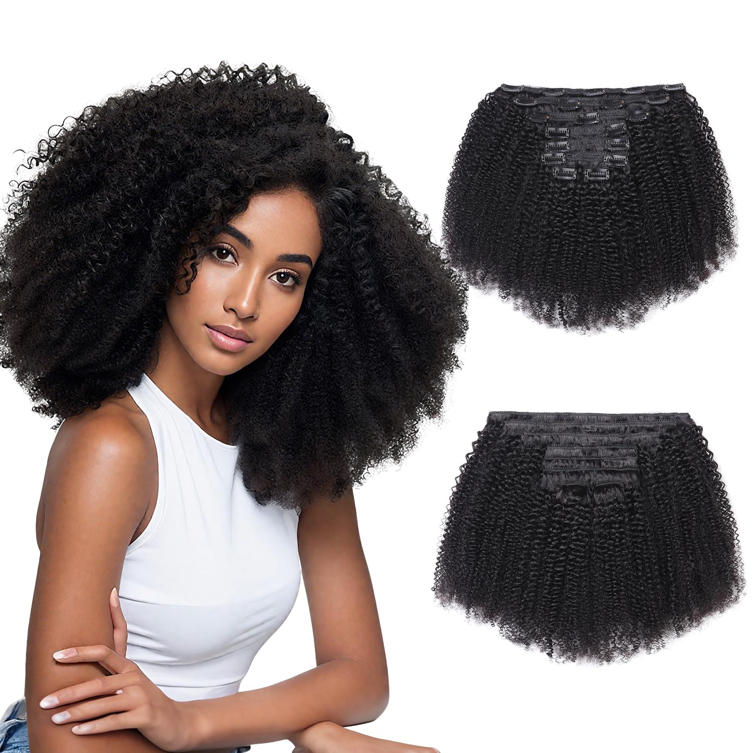 Photo 1 of Afro Kinky Curly Clip Ins Human Hair Extensions for Black Women 8Pcs 20 Clips Brazilian Remy Virgin Hair 120g 3C 4A Natural Black Double Weft Thick Ends 10 Inch