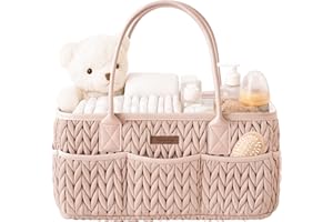 Konssy Braided Quilted Diaper Caddy Organizer, Boho Nursery Storage Basket with PU Leather Handles, Water-Repellent Portable Diaper Basket for Changing Table, Newborn Essentials (Blush)
