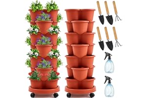 Umigy 2 Set of 7 Tier Stackable Vertical Planters with Removable Wheels and Tools Tower Planters Strawberry Herb Flower Vegetable Pots Indoor Outdoor Gardening Pots(Clay Red)