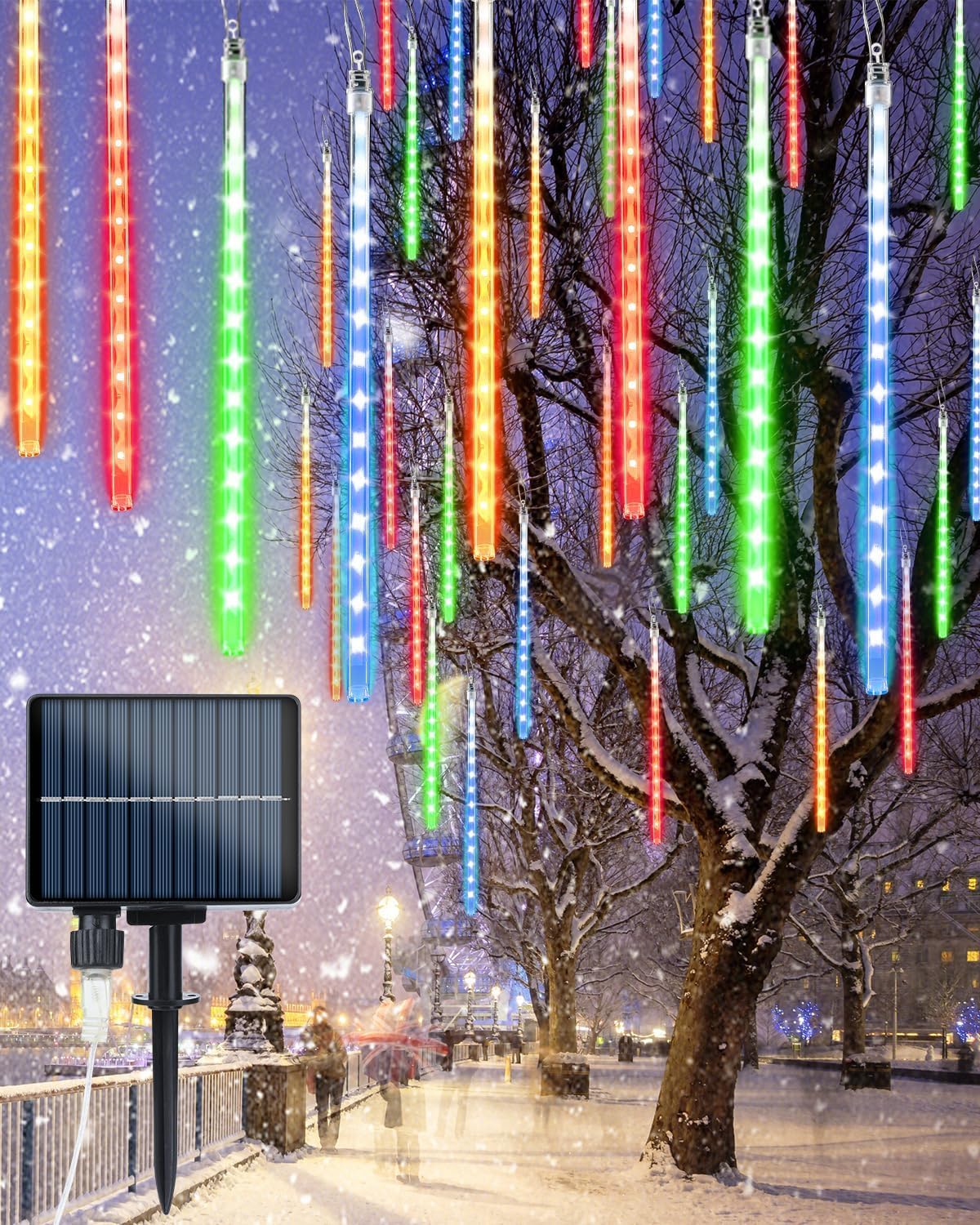 View 1 of Flacchi Solar Meteor Shower Icicle Lights - 20 Tubes 480 LED Cascading Raindrop Lights, Outdoor Waterproof Christmas Decorations for Holiday Party(4 in 1 Multi-Colored, Solar 20 Tubes)
