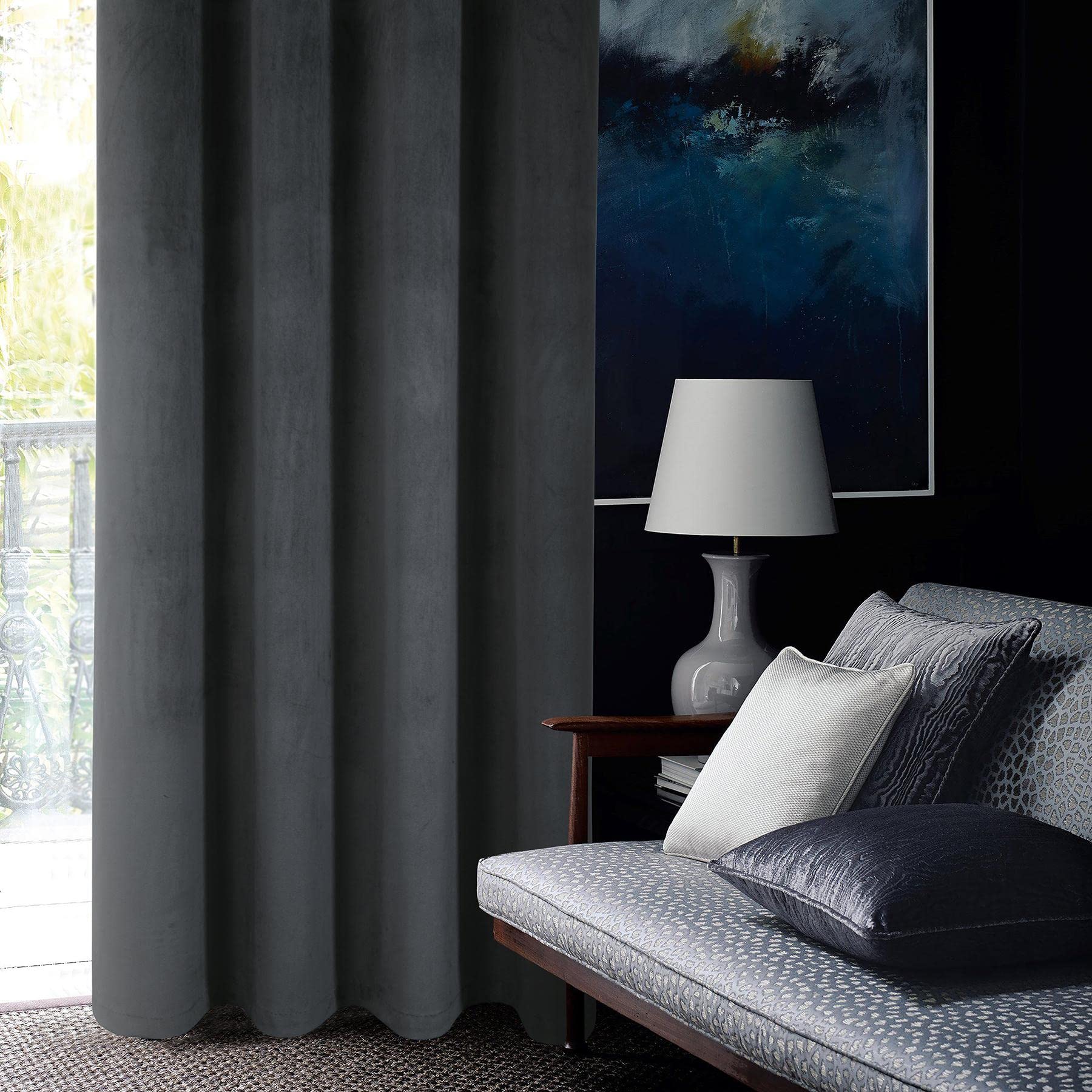 always4u Super Soft Velvet Curtains Charcoal grey Blackout Curtains 46x72 Inches Eyelet Thermal Insulated Fully Lined Window Treatment for Living Room 1 Pair