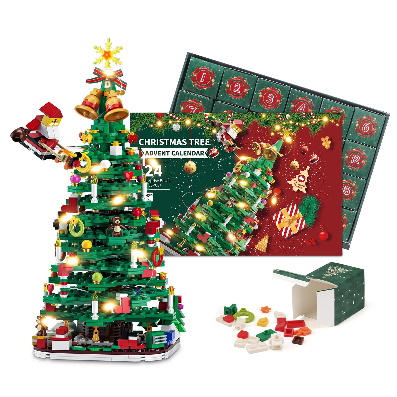 2024 Advent Calendar, Christmas Tree Building Block Set with LED String Lights, 24-Day Countdown Calendar, Christmas Home Decoration, Toy Gift Box for Boys and Girls, Educational Toy — image 1