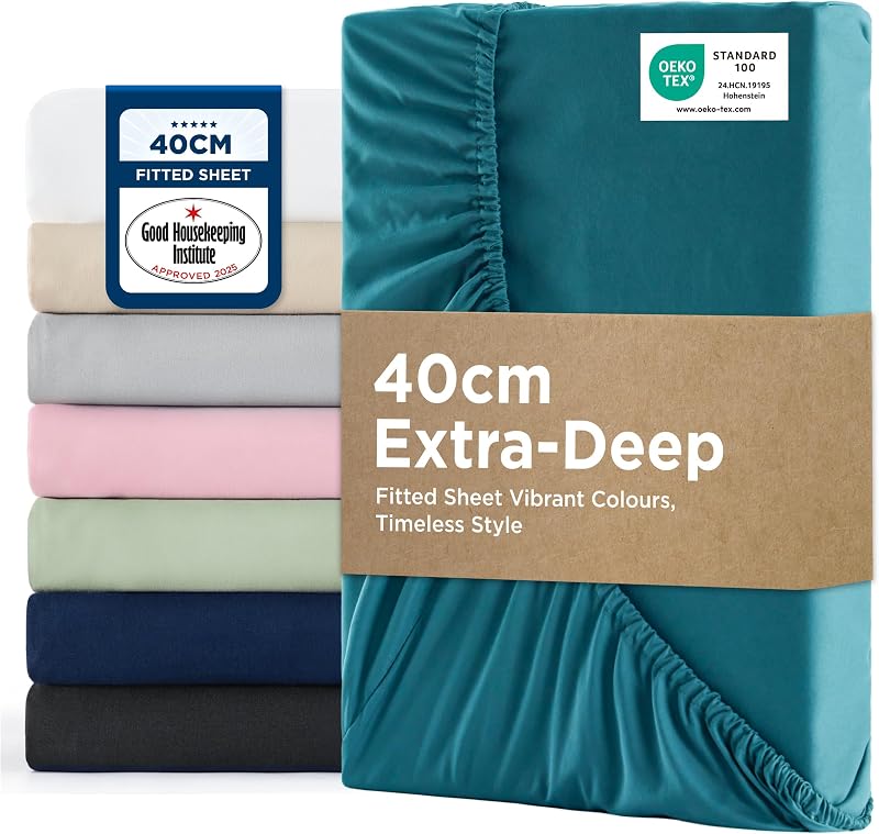 Bedsure Double Fitted Sheet Deep Pocket Soft Microfiber 40cm Teal 135x190cm
