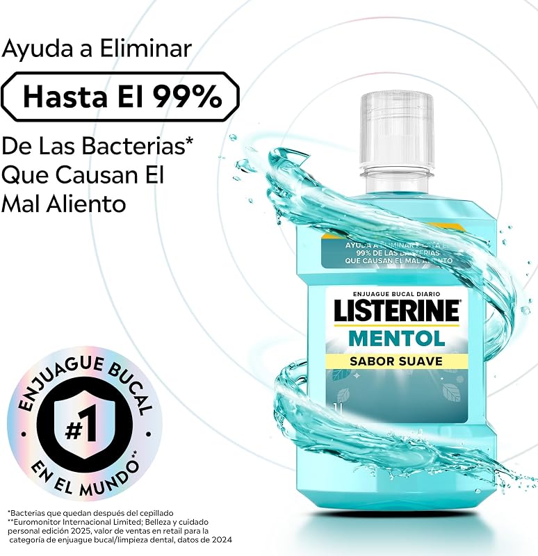 Mentol Enjuague Bucal Sin Alcohol Menta Suave, Pack de 2 x 1 L