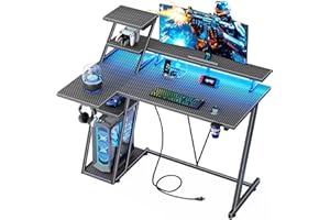 Korfile 39 Inch Gaming Desk with LED Lights & Power Outlet, Small Gaming Computer Desk with Storage Shelves, L Shaped Gamer Workstations with Monitor Stand for Bedroom, Carbon Fiber Black