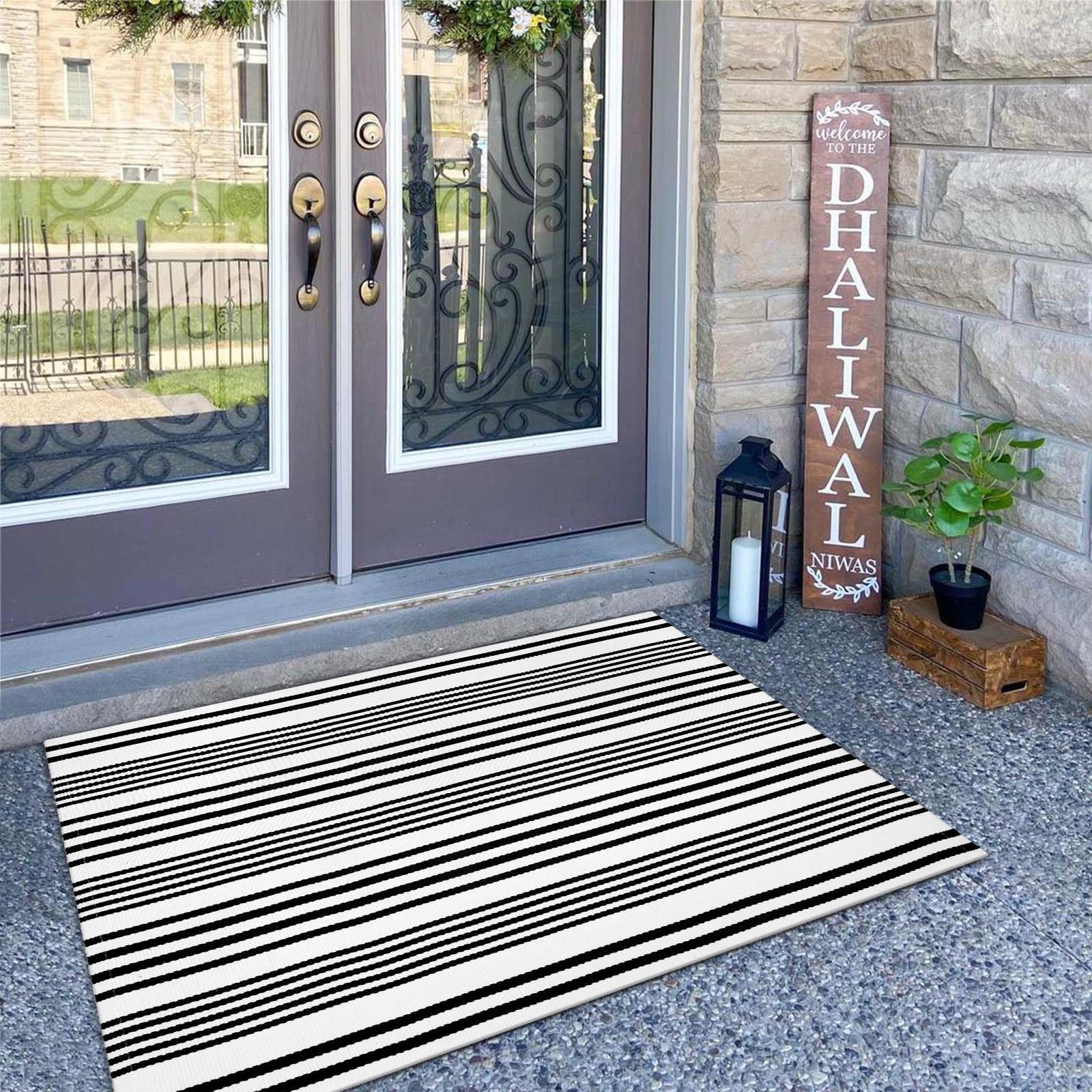 Photo 1 of OJIA Front Door Rugs Indoor 27.5x43 Inches, Black and White Striped Outdoor Rugs Porch Rug Cotton Woven Entryway Rug Machine Washable Door Mats for Porch/Farmhouse/Kitchen