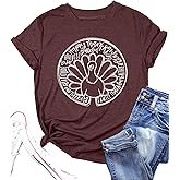 Thanksgiving Shirt for Women Turkey Print T-Shirts Thankful Fall Short Sleeve Tee Tops