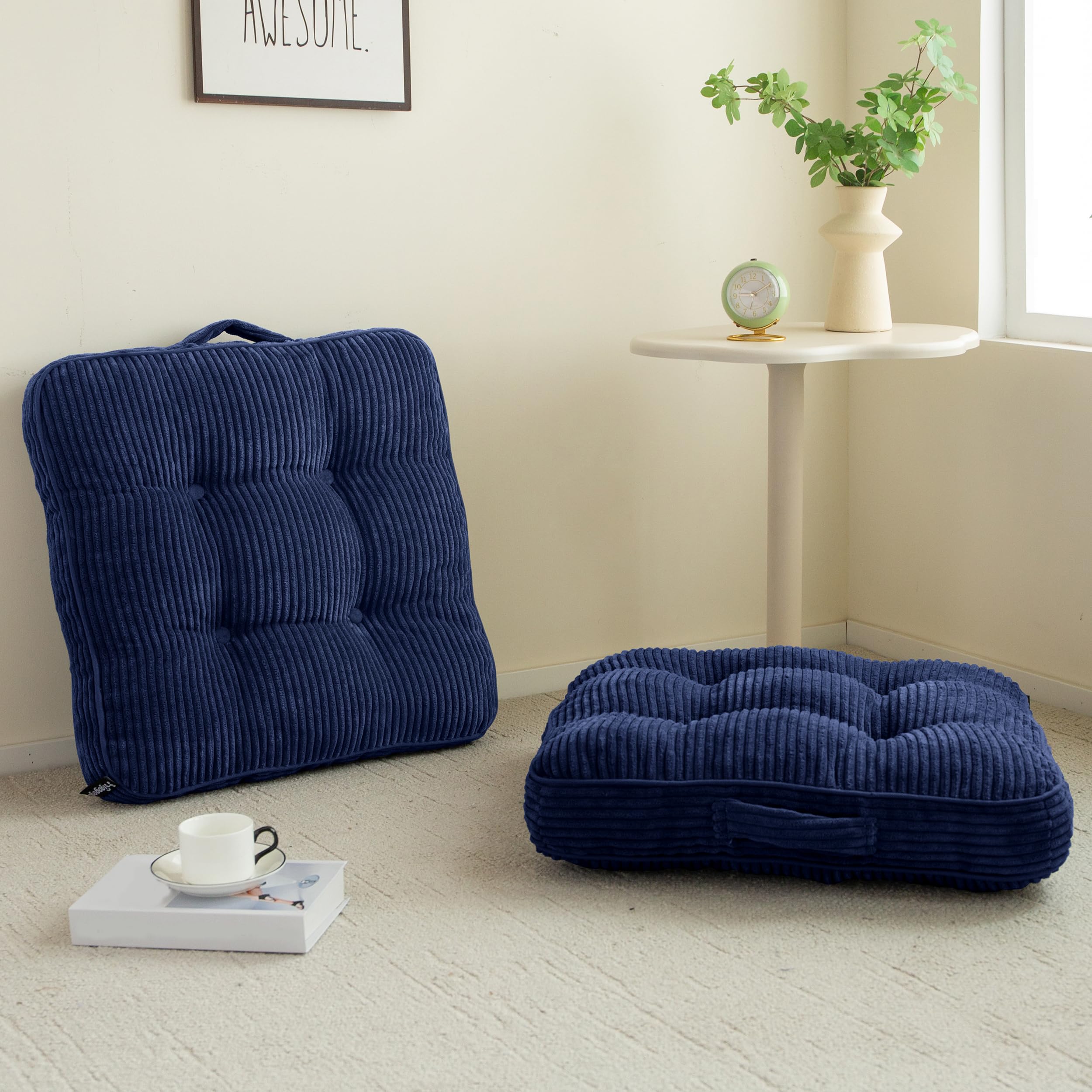 Photo 1 of HIGOGOGO Floor Pillow Cushion for Adults, Meditation Cushion Pillow, Large Square Floor Sitting, Tufted Corduroy Cover, for Tatami Living Room or Yoga, 22x22 Inch, 2Pack, Navy