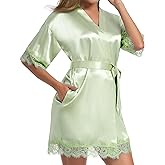 Women's Lace Trim Kimono Robe Bride Bridesmaids Wedding Shower Satin Short Robe Bridal Party Nightgown