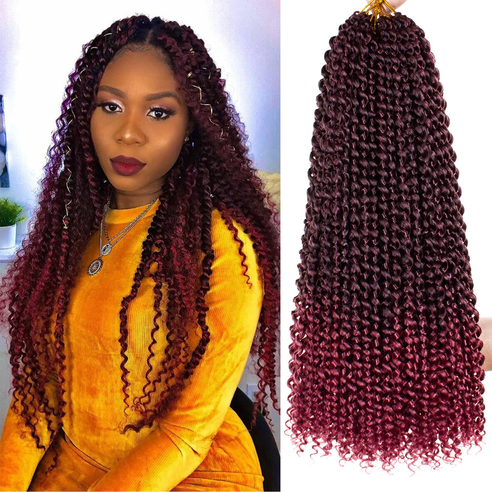 Leeven 6 Packs Ombre Burgundy Passion Twists Crochet Hair Extensions for Butterfly Locs 18 Inch Passion Twist Hair for Woman Pre Looped Water Wave Crochet Bohemian Hair Braids TBUG# โ image 1