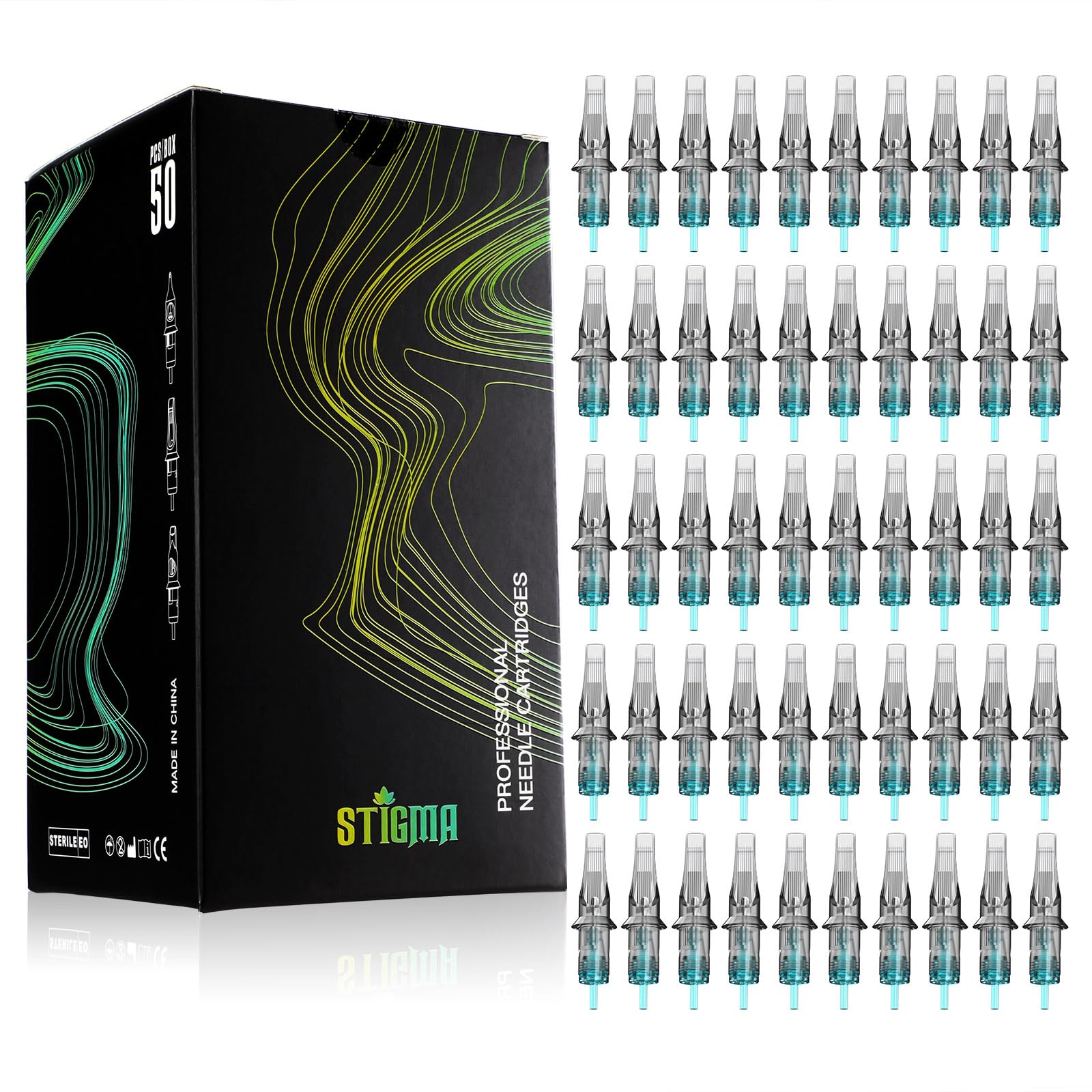 STIGMA 50Pcs Tattoo Cartridges Needles Disposable Mixed #10 Bugpin Round Magnum Curved Cartridge 7RM 9RM 11RM 13RM 15RM EN02B-50KIT-T