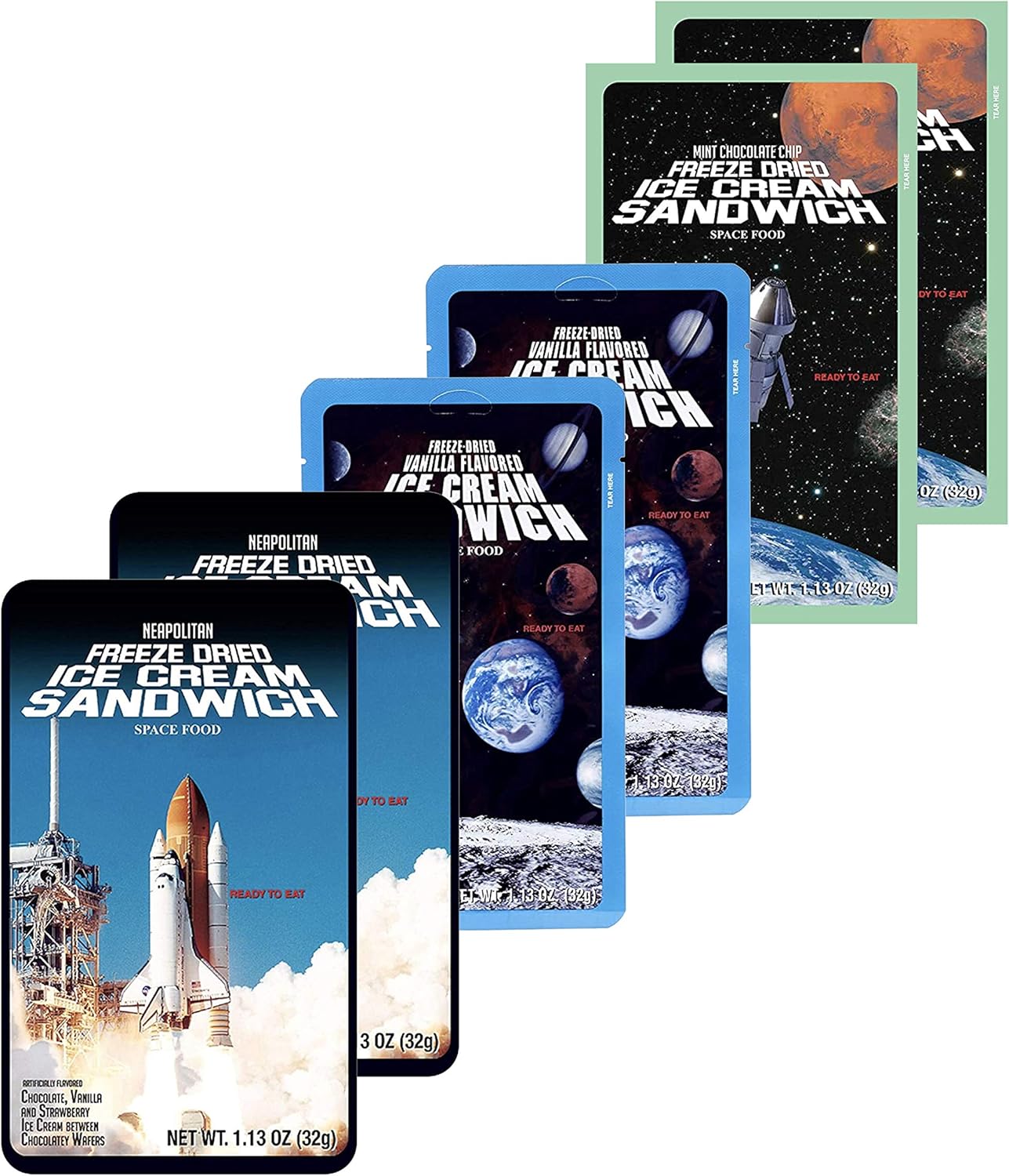 LuvyDuvy Freeze-Dried 2 Neapolitan Sandwiches (Chocolate-Vanilla-Strawberry) & 2 Mint Chocolate Chip & 2 Vanilla Ice Cream | 6 Pack Total