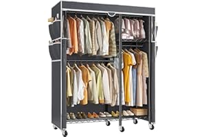 Raybee Clothes Rack with Cover Clothing Racks for Hanging Clothes Heavy Duty Portable Closet with Wheels，Rolling Garment Rack for Bedroom,Black