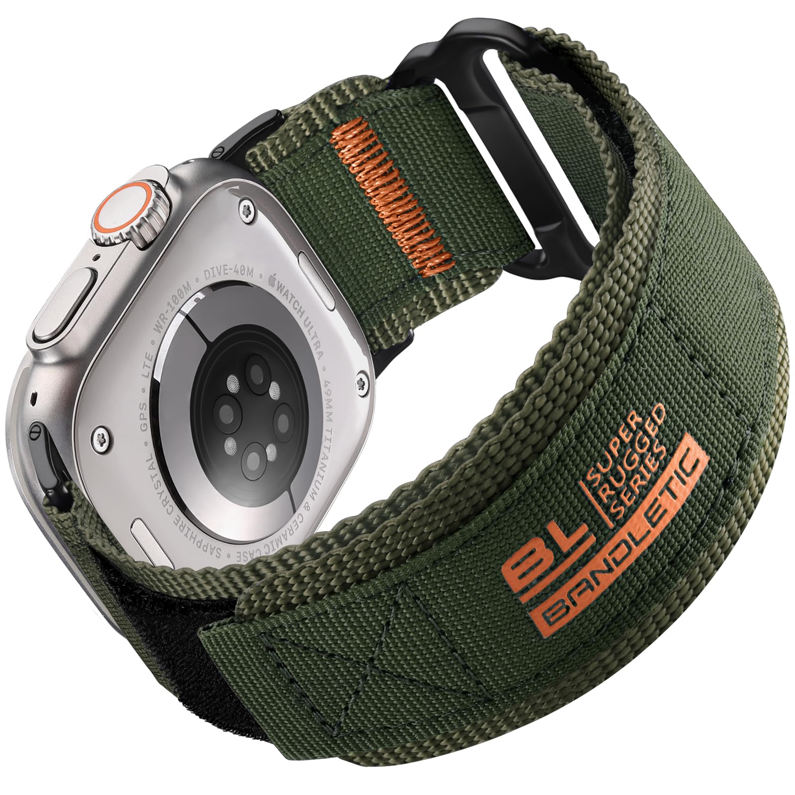 Bandletic Sports Strap Compatible with Apple Watch Ultra 2/ Ultra Strap 49mm, Soft Nylon Replacement Wristband, Hook &Loop Design for iWatch Strap Series 9/8/7/6/5/4/3/2/1/SE (45mm 44mm 42mm), M-Green