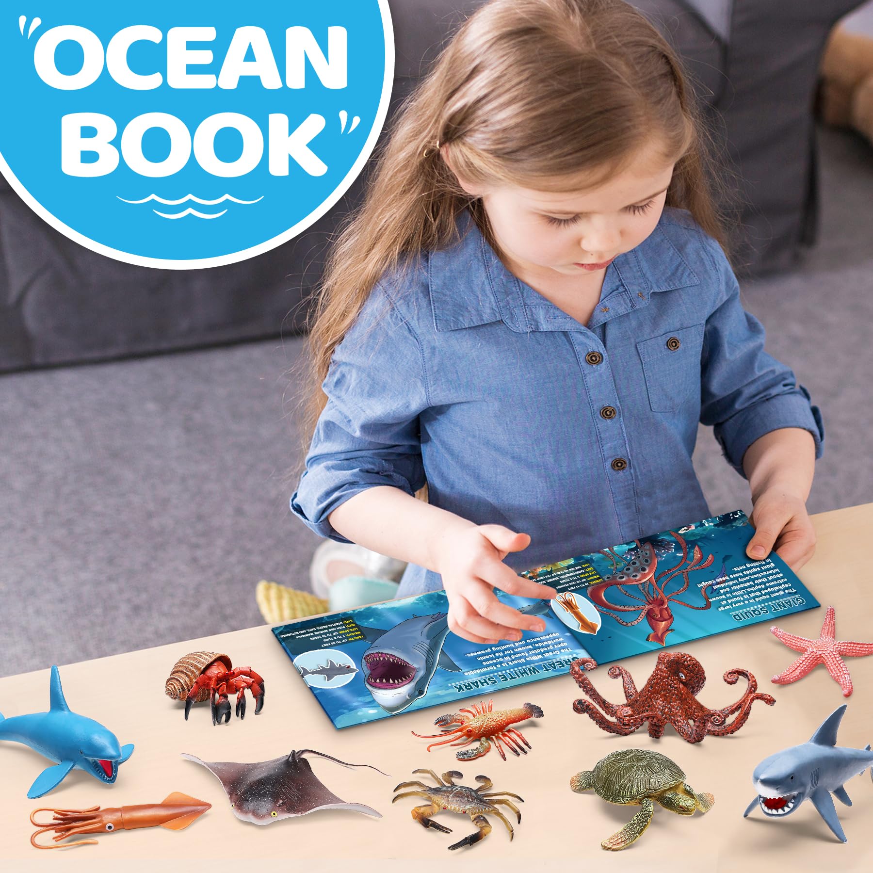 12 Pack Ocean Animal Toys with Educational Booklet for Kids, Realistic Soft Plastic Creatures Model Figures for Toddler Boys Girls, Under the Sea Party Favor, Birthday Gifts Water Table Toy