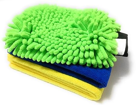 Sobby Microfiber Cleaning Glove with 2 Microfibre Cloths (1 pc Single Sided Large Chenille Glove - 1 pc 40cm x 40 cm Cloth - 1 pc 40cm x 60 cm Drying Cloth)