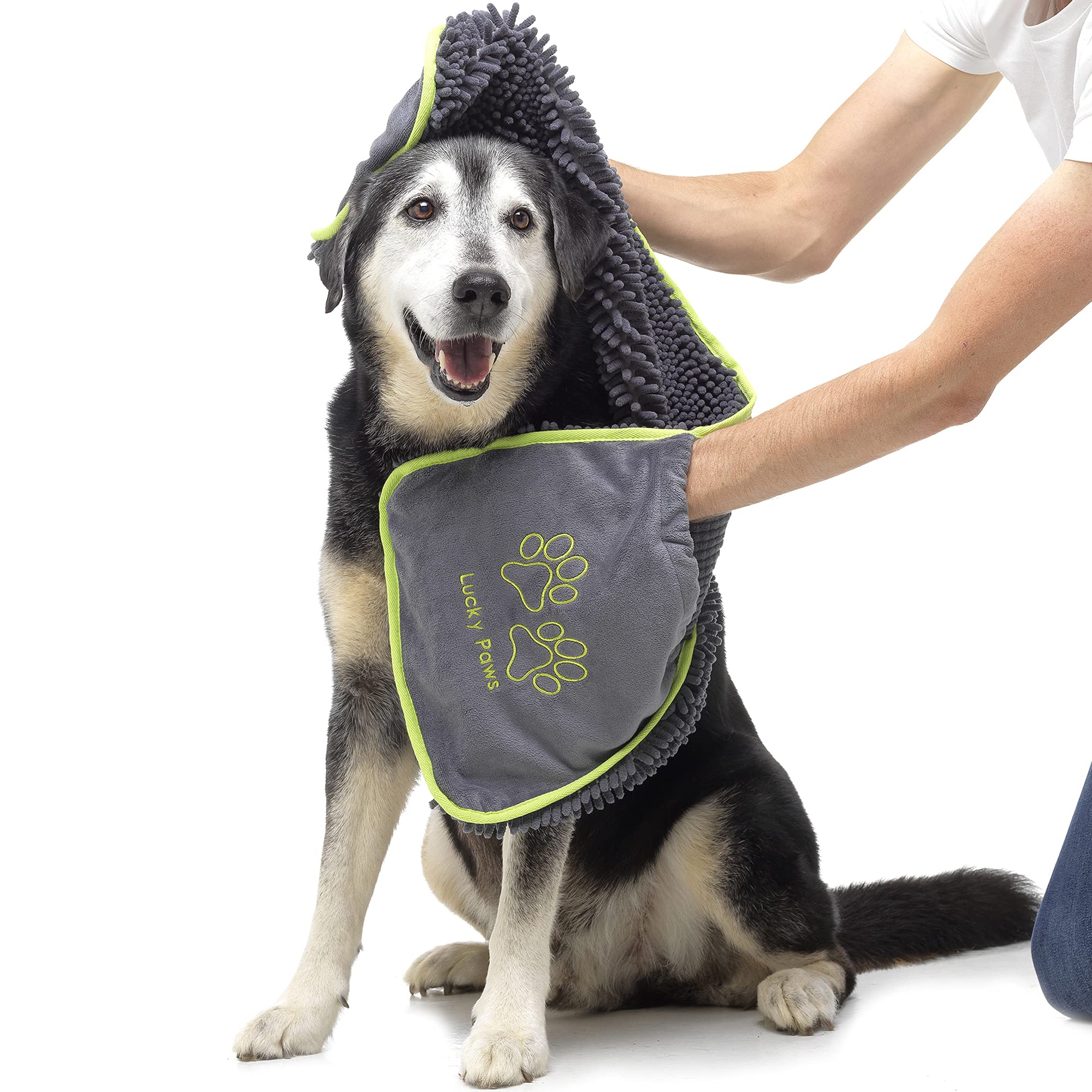 Lucky Paws® Dog Towel - Microfibre Chenille/Noodle Towels - UK Based Seller - Super Soft Pockets - Super Absorbent - Fast Drying - Pet/Puppy Grooming Accessories - 88x32cm (Pack of 1, Grey) — image 1