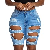 roswear Women's Ripped Denim Destroyed Mid Rise Stretchy Bermuda Shorts Jeans