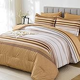 Dobuyly Fall Queen Comforter Set 7 Pieces, Brown Khaki Bed in a Bag Queen Size Soft Microfiber Boho Striped Bedding Set with Comforter, Sheets, Pillowcases & Shams