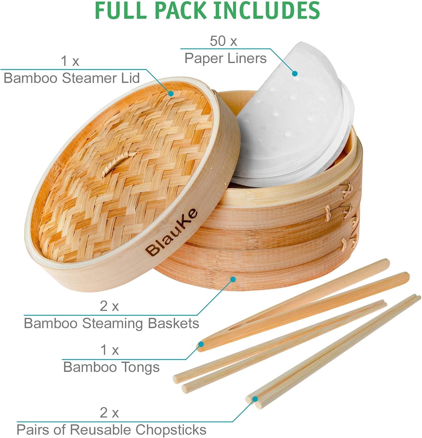 Bamboo Steamer Basket 25cm with Chopsticks, Tongs, 50 Paper Liners - Image 5