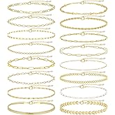 16 PCS Gold Bracelets for Women, Dainty Bracelets Set for Women Trendy, Gold Stackable Cuban Link Paperclip Chain Bracelet Pack Jewelry Gifts for Women