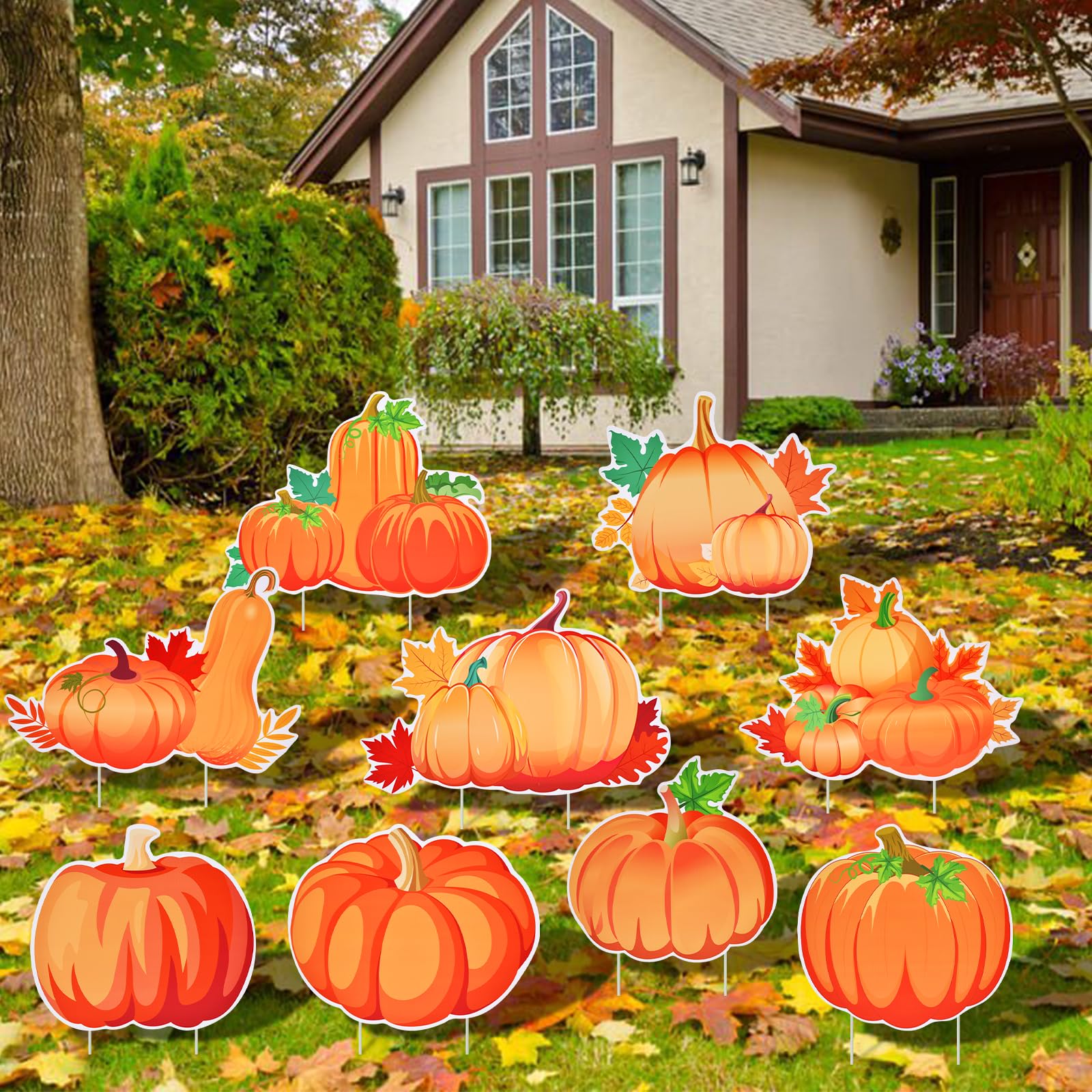 Photo 1 of 9-Pack Pumpkin Yard Signs with Stakes - 9 Assorted Designs 12 x 9.6 Inches Large Pumpkin Signs for Outdoor Garden and Lawn Decorations for Fall Autumn, Halloween, and Thanksgiving Harvest Party Favor