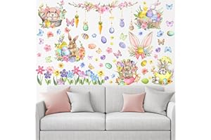 Eersida Large Easter Wall Stickers for Wall Decoration Easter Egg Branches Wall Stickers Peel and Stick Easter Window Stickers Living Room Bedroom and Nursery Supplies Spring Rabbit Stickers, 6 Sheets