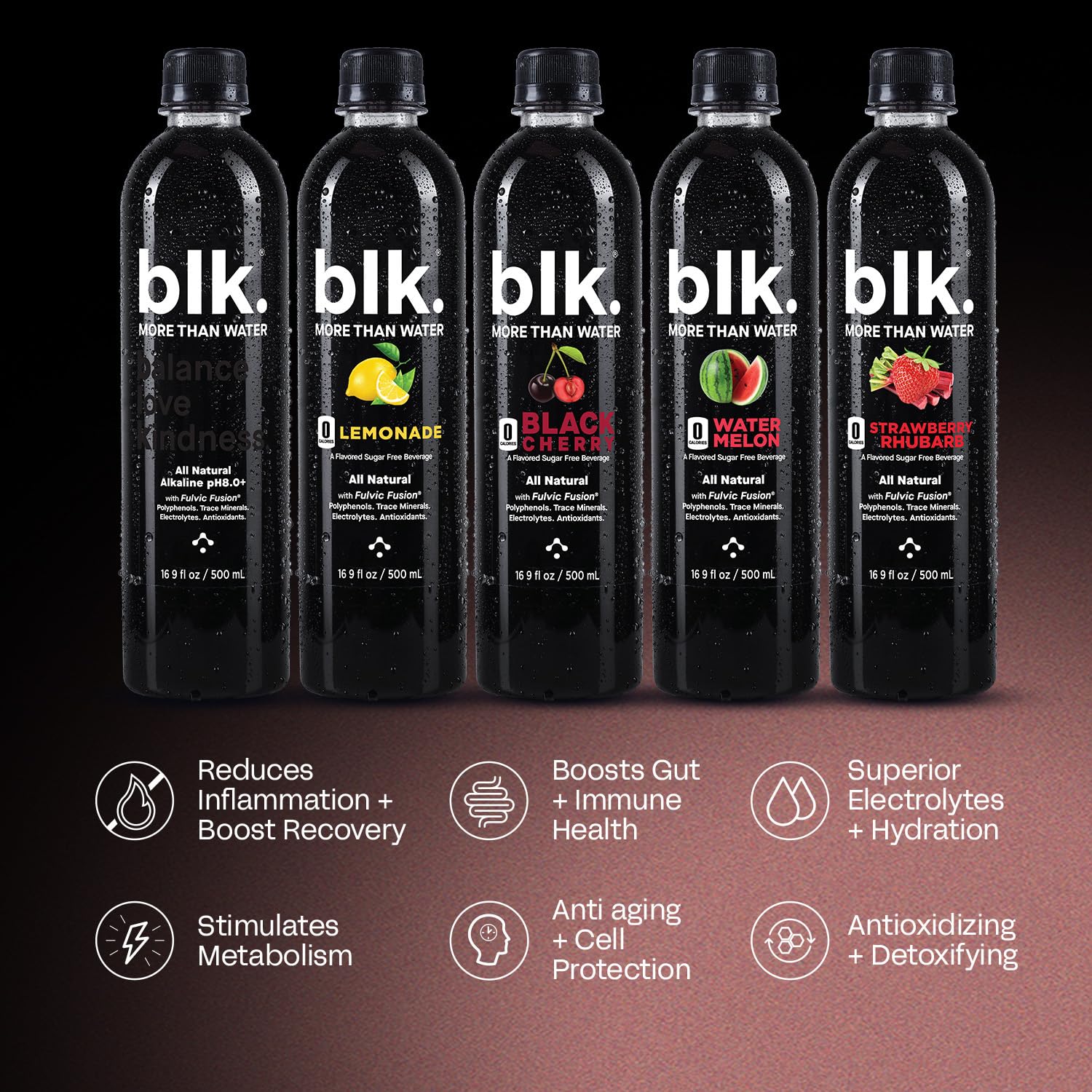 blk. Natural Mineral Alkaline Water Electrolyte Infused with Fulvic and Amino Acids, Zero Sugar, Black Cherry Flavored, 500 mL, Pack of 12