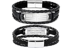 TOLOWOBK Easter Basket Stuffer Christian Gifts Black Braided leather Bracelets American Flag Cross Bracelet for Men Teen Religious Bible Verse Jewelry Catholic Gifts Baptism Confirmation Graduation