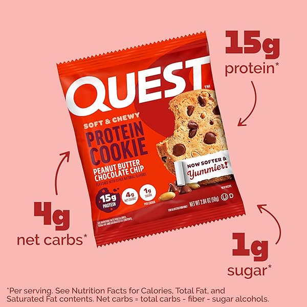 QUEST NUTRITION PEANUT BUTTER CHOCOLATE CHIP HIGH PROTEIN COOKIE, KETO FRIENDLY, LOW CARB, 24.5 OZ, 12 COUNT (PACK OF 1)
