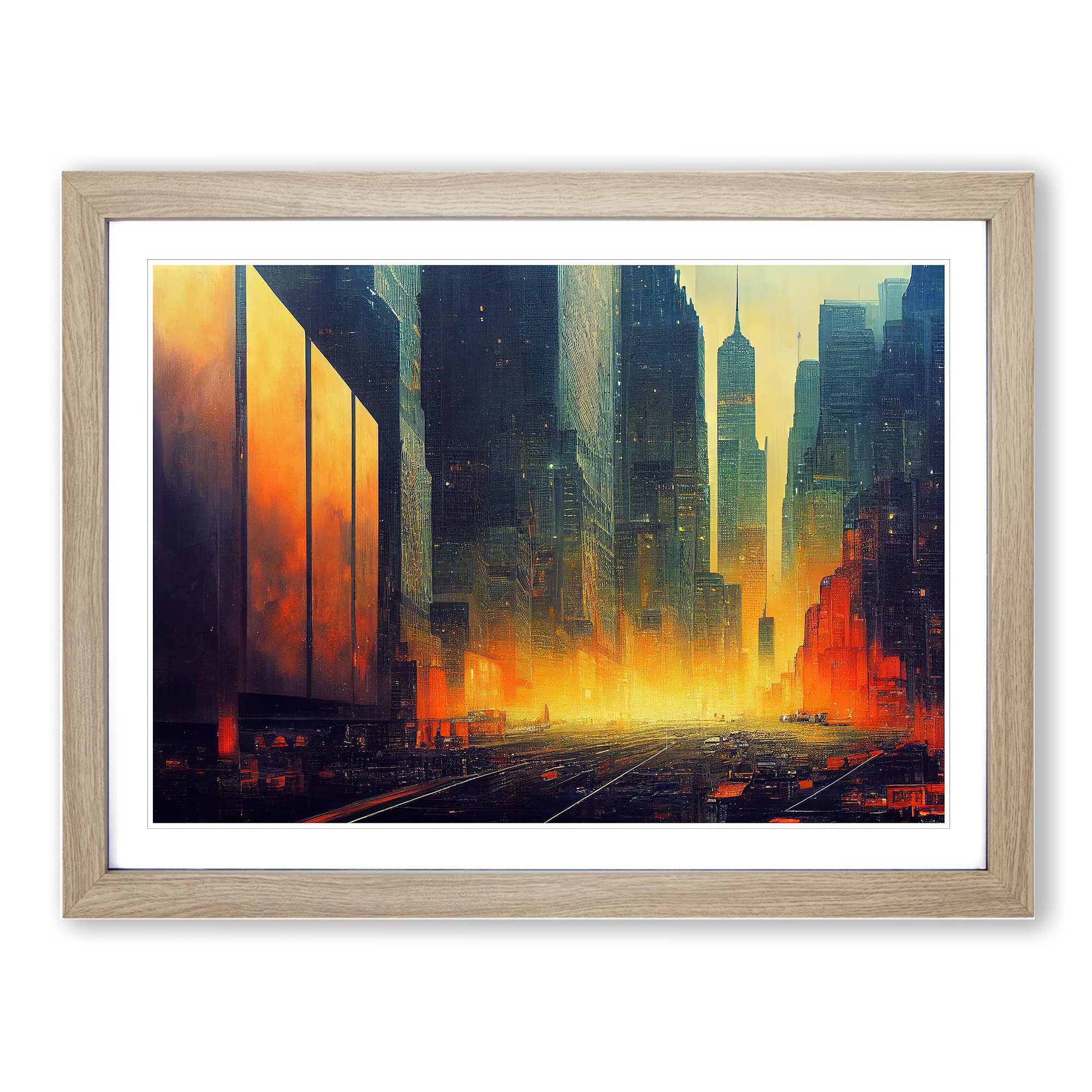 Dystopian New York Skyline Framed Print | A4 Oak Framed Wall Art | Ready to Hang | Modern Cityscape Picture | Living Room Bedroom Lounge Office