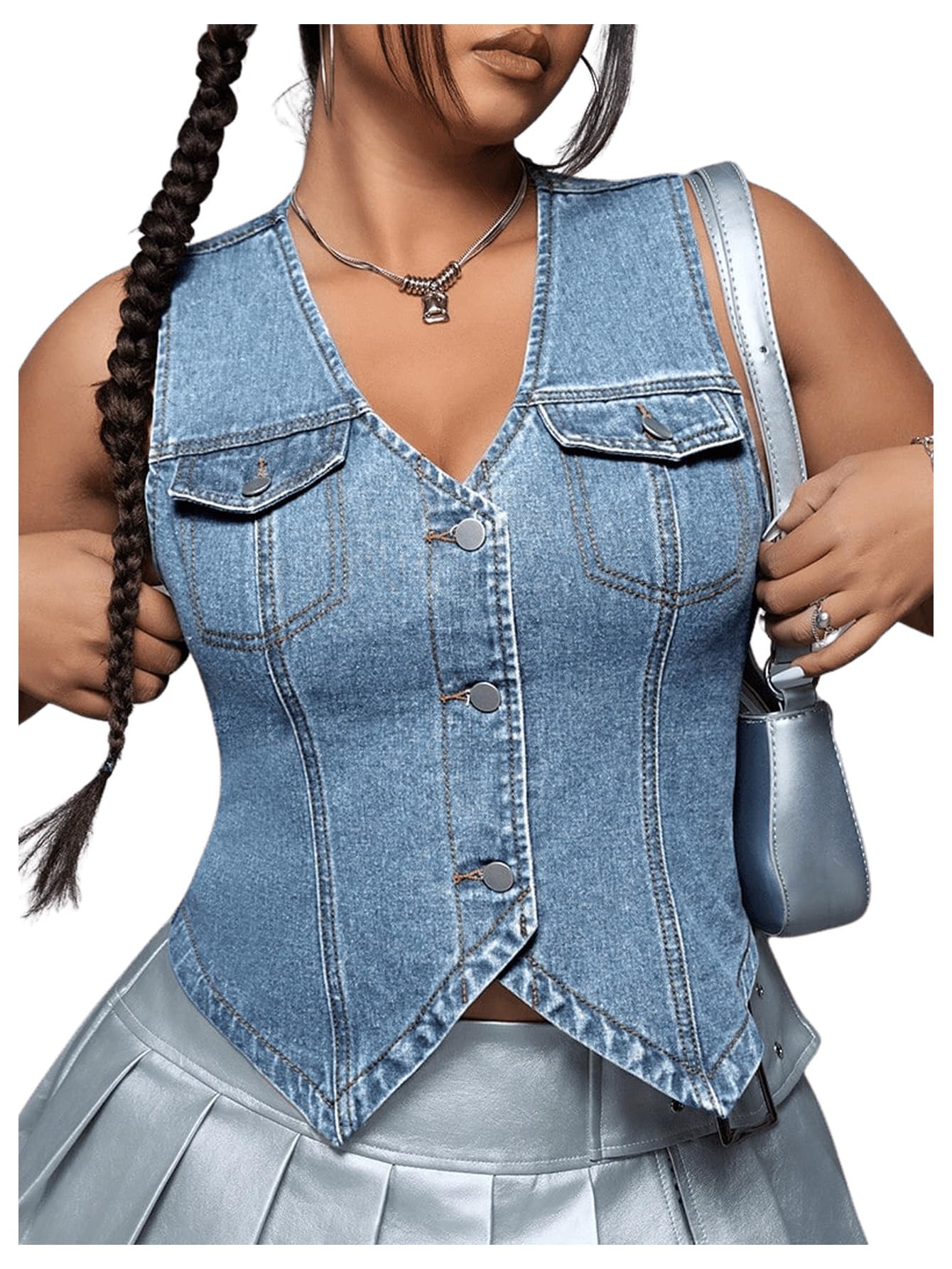 Photo 1 of Floerns Women's Plus Size Sleeveless Button Down Jean Vest V Neck Denim Jacket Light Blue 3X-Large Plus