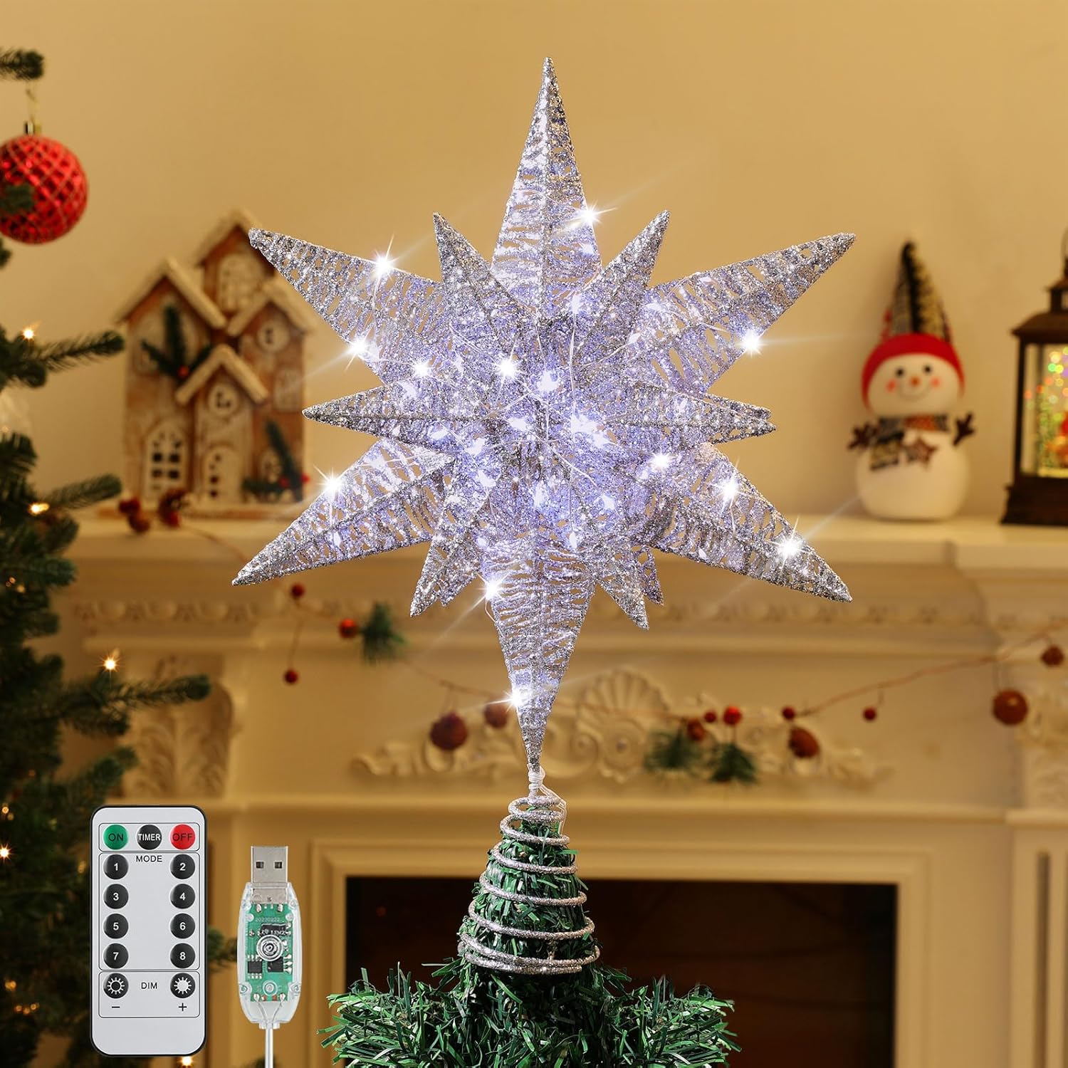 Tree Toppers - Roylvan Christmas Tree Topper Star, 3D Lighted Tree Topper with 8 Lighting Modes & Timer USB Power Xmas Indoor Decor Ornaments Adjustable Brightness Decor Festival Gift for Xmas Holiday Party, Silver