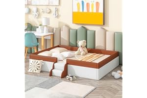 Merax Full Size Daybed Frame with Fence and Stairs, Upholstered Wood Bed for Living Room, Floor Bed, White+Brown