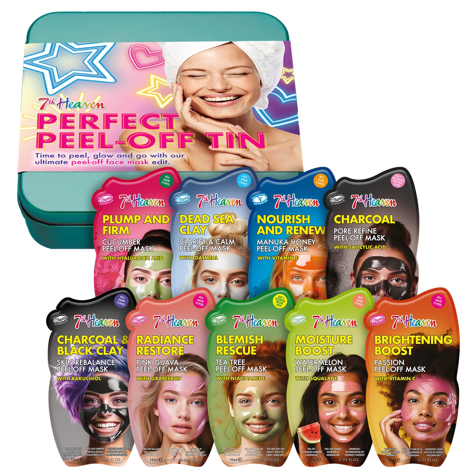 7th Heaven Perfect Peel Off Face Mask Gift Set in Tin (Contains 9 Peel Off Face Masks) Pamper Gifts for Women & Girls - Genuine 7th Heaven Skincare Set
