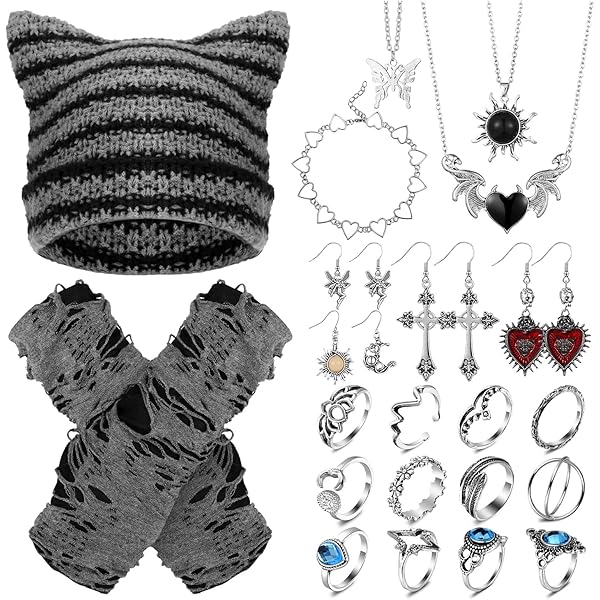 JaGely 4 Pcs Therian Grunge Accessories Set - Cat Beanie, Fairy Gloves, Y2K Bracelet & Star Necklace