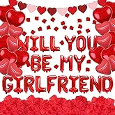Red Will You Be My Girlfriend Balloons, Confession Balloons Decor 18" Letter Balloons 1000pcs Red Artificial Rose Petals 20Pcs Heart Balloons 33ft Red Ribbon Heart Pull Flag for Valentines Day