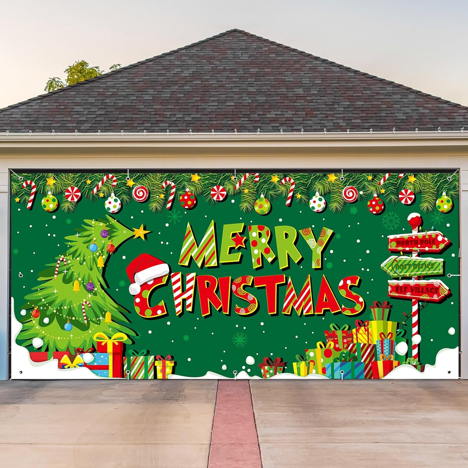 Garage Door Decorations - Ganeen Red Green Christmas Outdoor Garage Door Banner Cover 6x13ft Large Merry Christmas Backdrop Decoration Winter Holiday Background Sign for Xmas Garage Door Wall