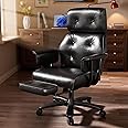 SeekFancy Reclining Office Chair with Footrest, Big and Tall Office Desk Chair 400lbs Wide Seat with Leather, Ergonomic High Back, Button Tufted Vintage Design, Black