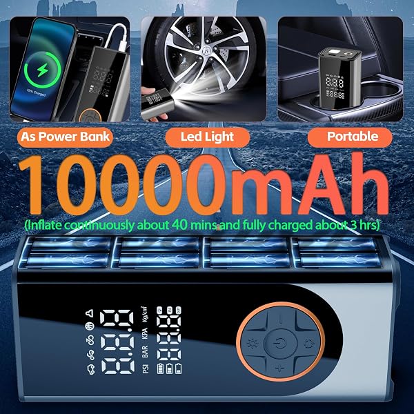 TIRE INFLATOR PORTABLE AIR COMPRESSOR 150PSI AIR PUMP FOR CAR TIRES WITH TIRE PRESSURE GAUGE CORDLESS 10000MAH 3X FASTER PORTABLE TIRE INFLATOR FOR CAR,BIKES&MOTORCYCLE TIRES, BALLS