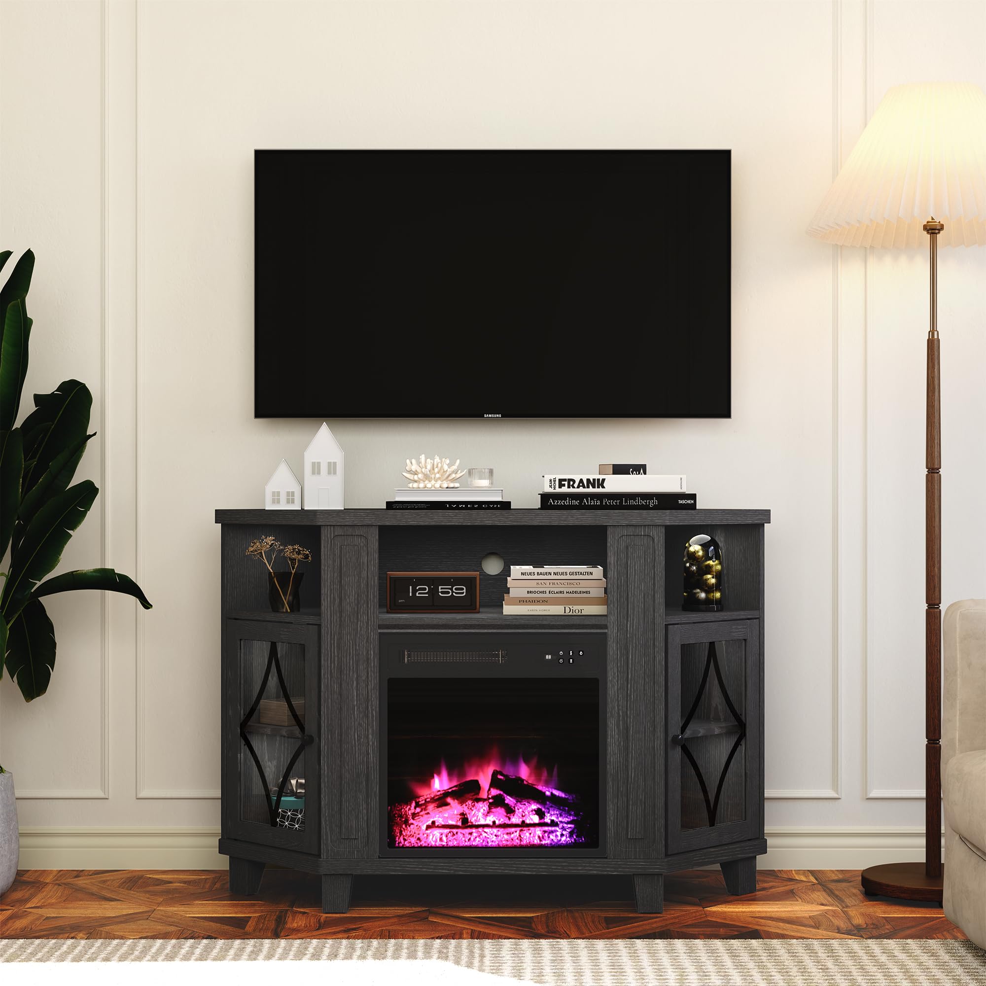 Photo 1 of ***FIREPLACE ONLY*****FansaFurn Corner TV Stands with 18'' Fireplace, Media Console Table with Adjustable Shelves & Acrylic Doors, Entertainment Center for TVs up to 55'', Corner Cabinet for Living Room, Bedroom, Black