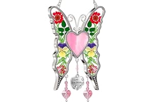 KY&BOSAM Butterfly Suncatcher I Love You Mom Gifts for Mom Pink Stained Glass Panels Heart for Windows Hanging Wind Chimes Pressed Real Flowers Wings Unique Design Birthday Gift for Women