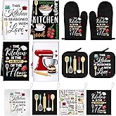 12 Pcs Farmhouse Kitchen Decoration Set 4 Funny Quote Black Kitchen Towels 4 Absorbent Dishcloths 2 Pot Holders 2 Oven Mitts Gloves for Home Decorations Mom Gifts