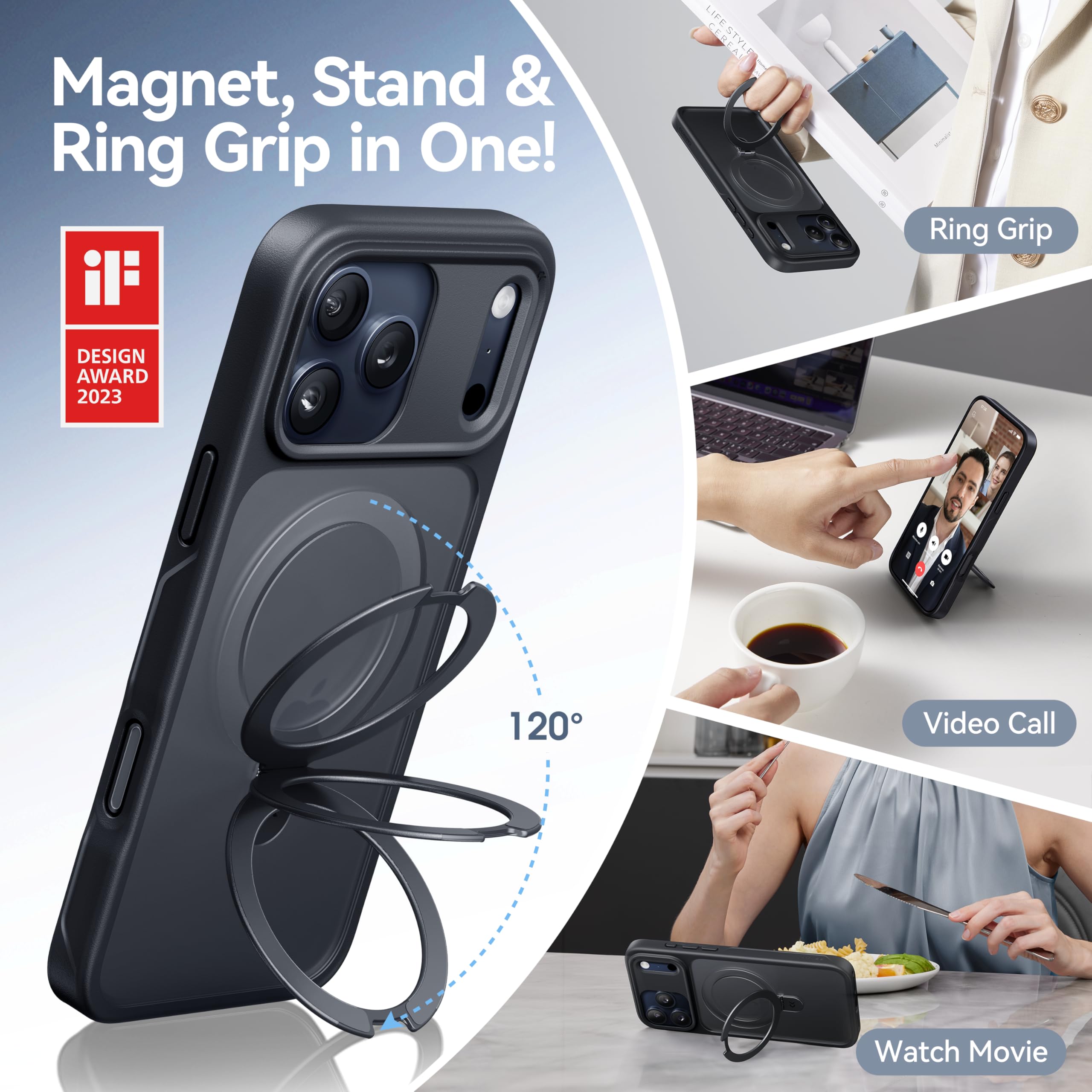 CASEKOO Ultra-Magnetic Stand for iPhone 17 Pro Max Case [Military Drop Protection] [Compatible with MagSafe] Shockproof Translucent Matte Slim Ring Holder Case for iPhone 17 ProMax 6.9